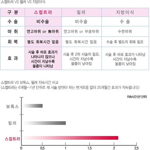 스컬트라·필러·지방이식 비교표와 지속기간 그래프